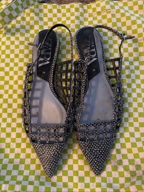 Zara Black & White Woven Pointed Slingback Flats